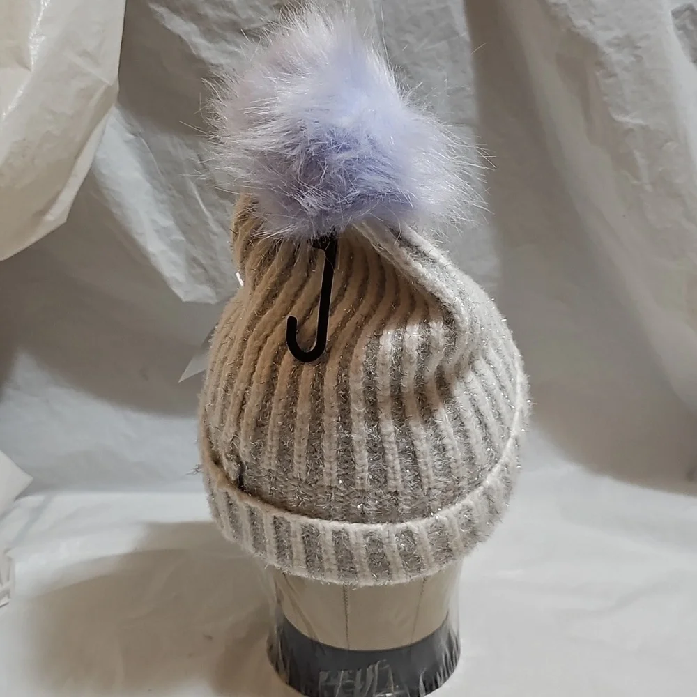 Old Navy Girl L-XL White Ribbed Beanie w/Metallic Silver Detail, Purple Pom New